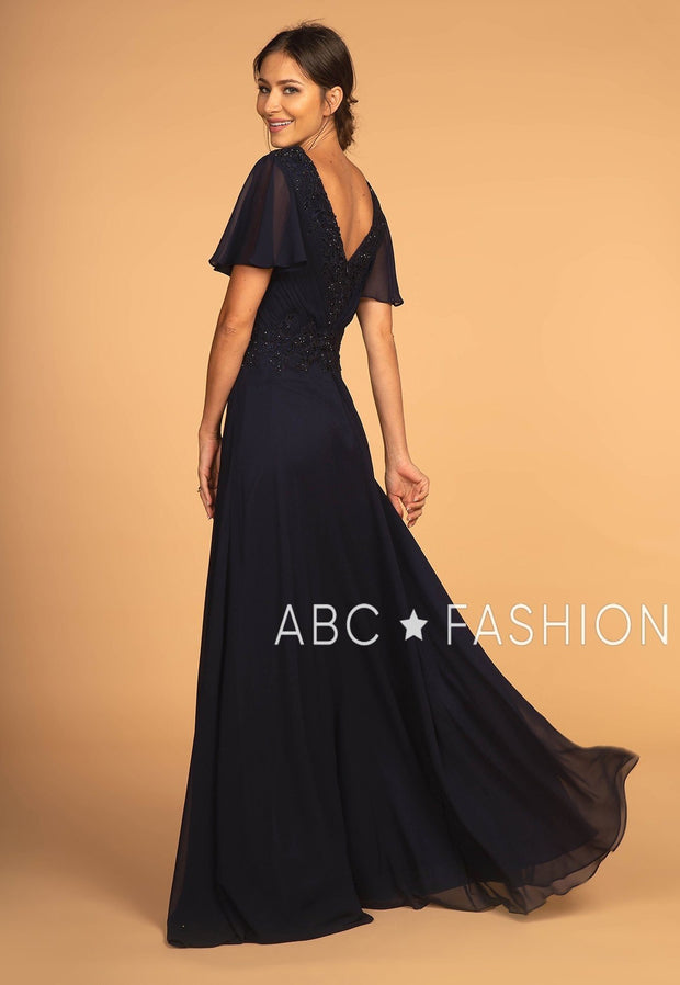 Long Embroidered V-Neck Dress with Short Sleeves by Elizabeth K GL2520-Long Formal Dresses-ABC Fashion