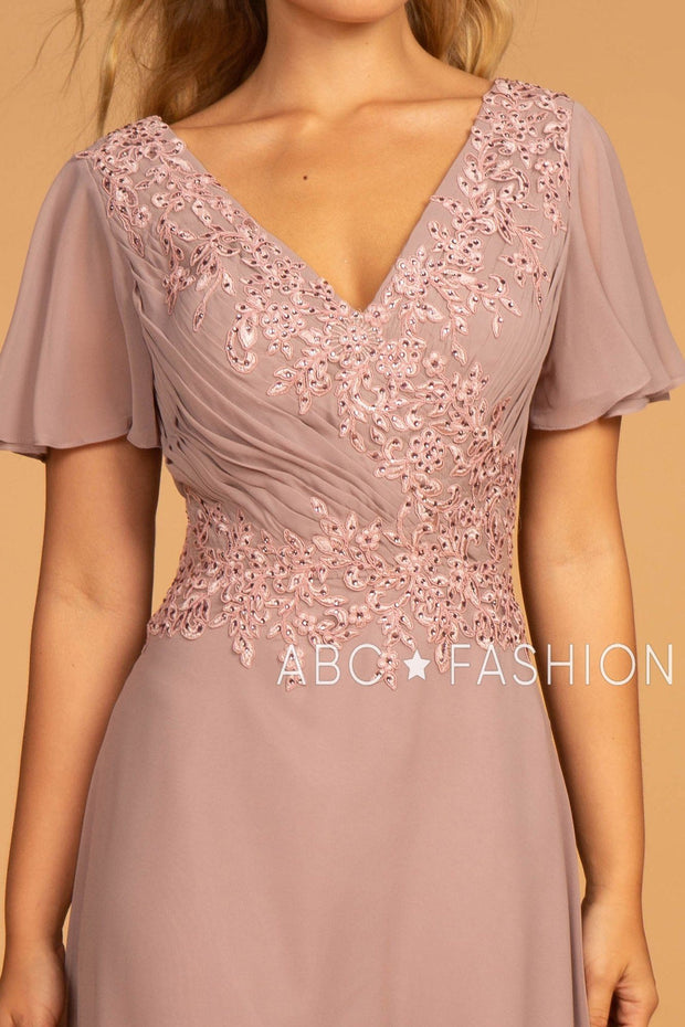 Long Embroidered V-Neck Dress with Short Sleeves by Elizabeth K GL2520-Long Formal Dresses-ABC Fashion