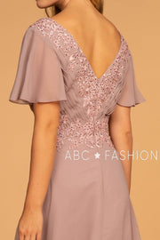 Long Embroidered V-Neck Dress with Short Sleeves by Elizabeth K GL2520-Long Formal Dresses-ABC Fashion
