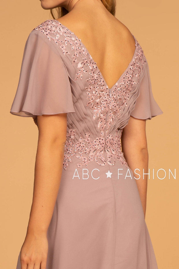 Long Embroidered V-Neck Dress with Short Sleeves by Elizabeth K GL2520-Long Formal Dresses-ABC Fashion