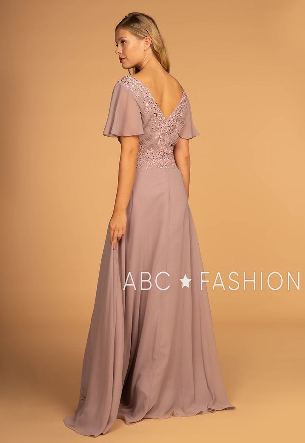 Long Embroidered V-Neck Dress with Short Sleeves by Elizabeth K GL2520-Long Formal Dresses-ABC Fashion