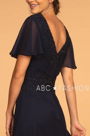 Long Embroidered V-Neck Dress with Short Sleeves by Elizabeth K GL2520-Long Formal Dresses-ABC Fashion