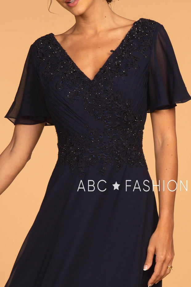 Long Embroidered V-Neck Dress with Short Sleeves by Elizabeth K GL2520-Long Formal Dresses-ABC Fashion