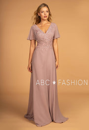 Long Embroidered V-Neck Dress with Short Sleeves by Elizabeth K GL2520-Long Formal Dresses-ABC Fashion