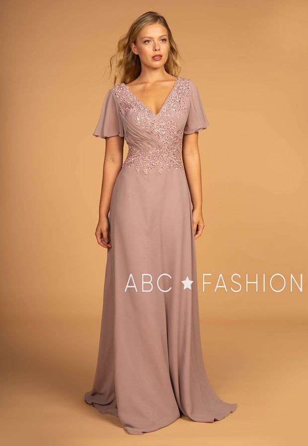 Long Embroidered V-Neck Dress with Short Sleeves by Elizabeth K GL2520-Long Formal Dresses-ABC Fashion