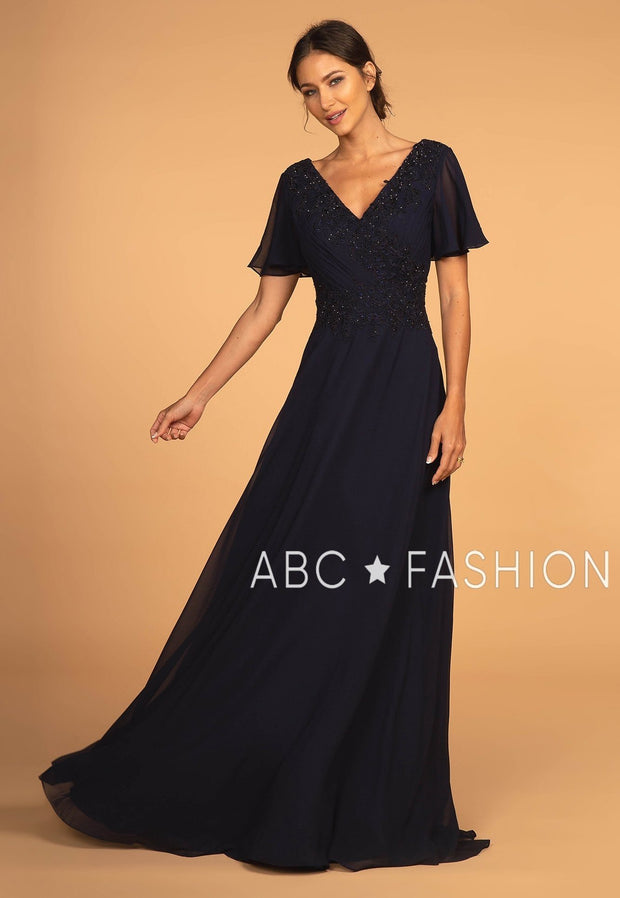 Long Embroidered V-Neck Dress with Short Sleeves by Elizabeth K GL2520-Long Formal Dresses-ABC Fashion