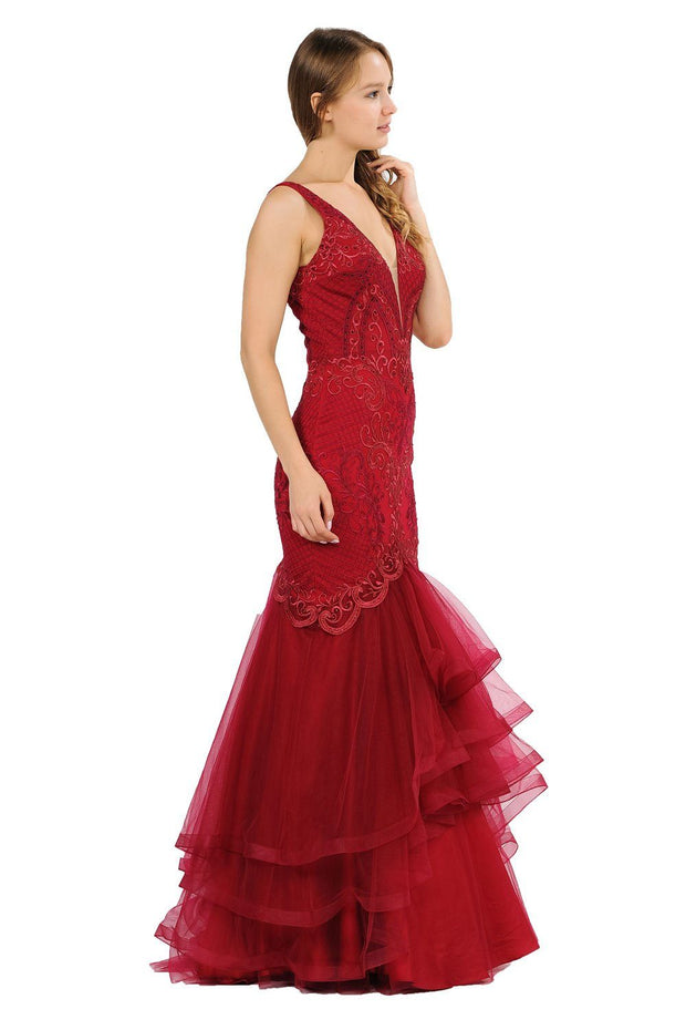 Long Embroidered V-Neck Mermaid Dress by Poly USA 8320-Long Formal Dresses-ABC Fashion