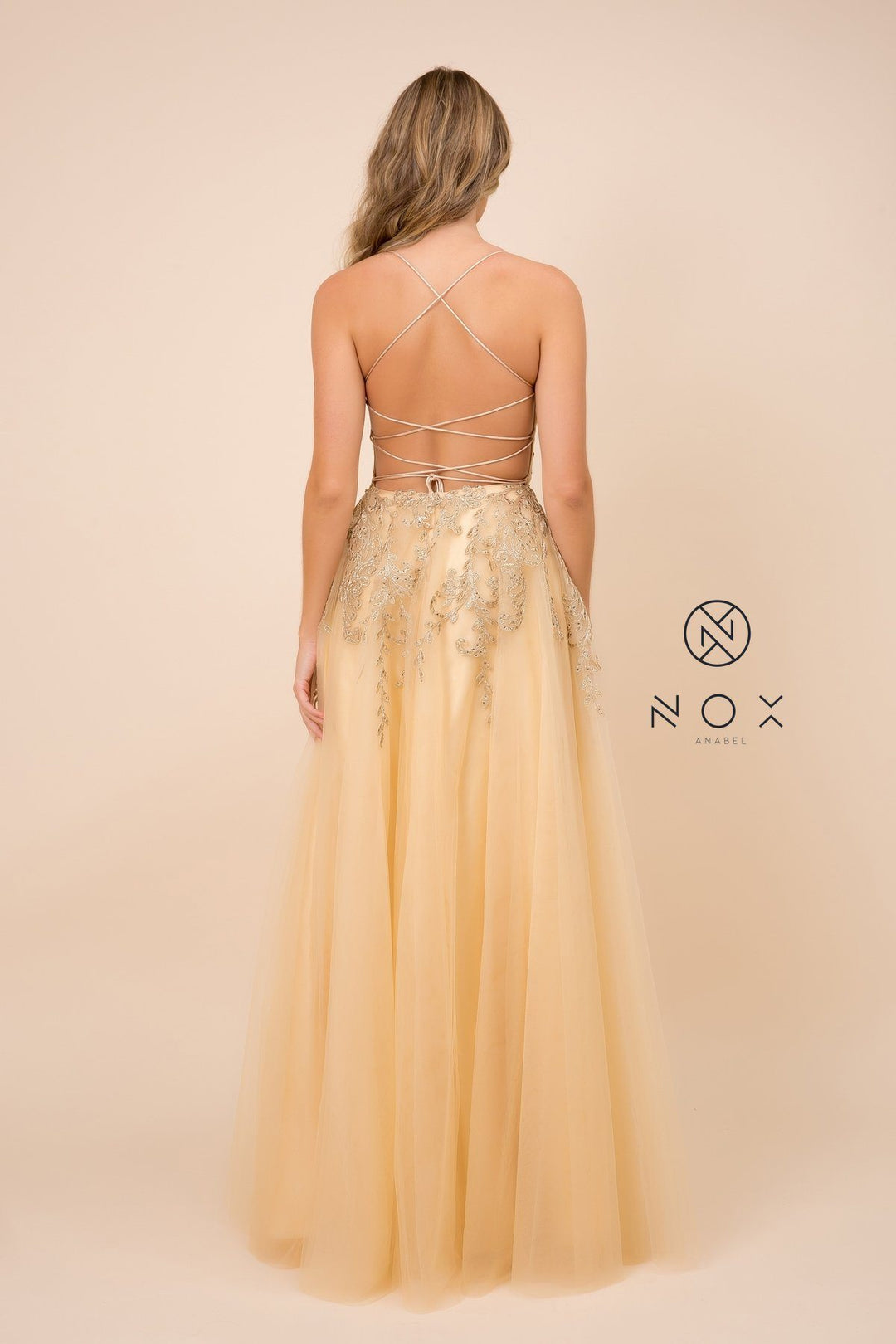 Long Embroidered V-Neck Tulle Dress by Nox Anabel R345