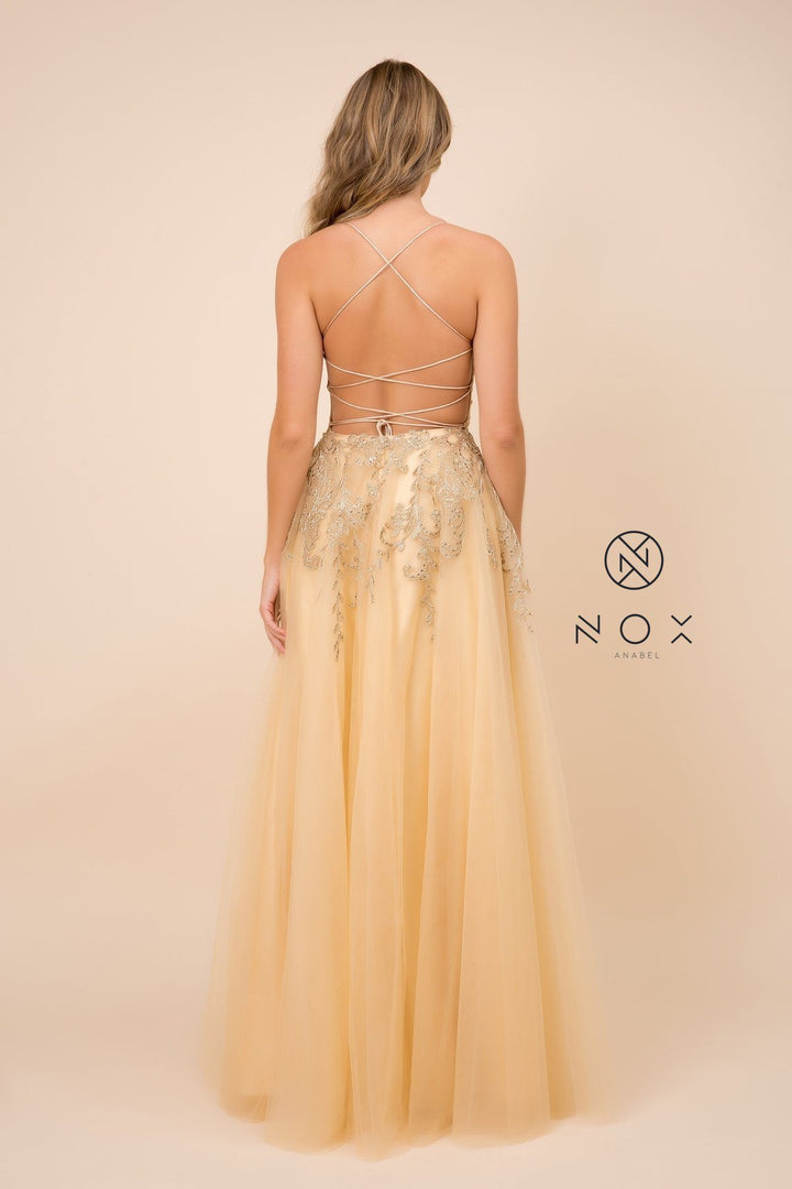 Long Embroidered V-Neck Tulle Dress by Nox Anabel R345