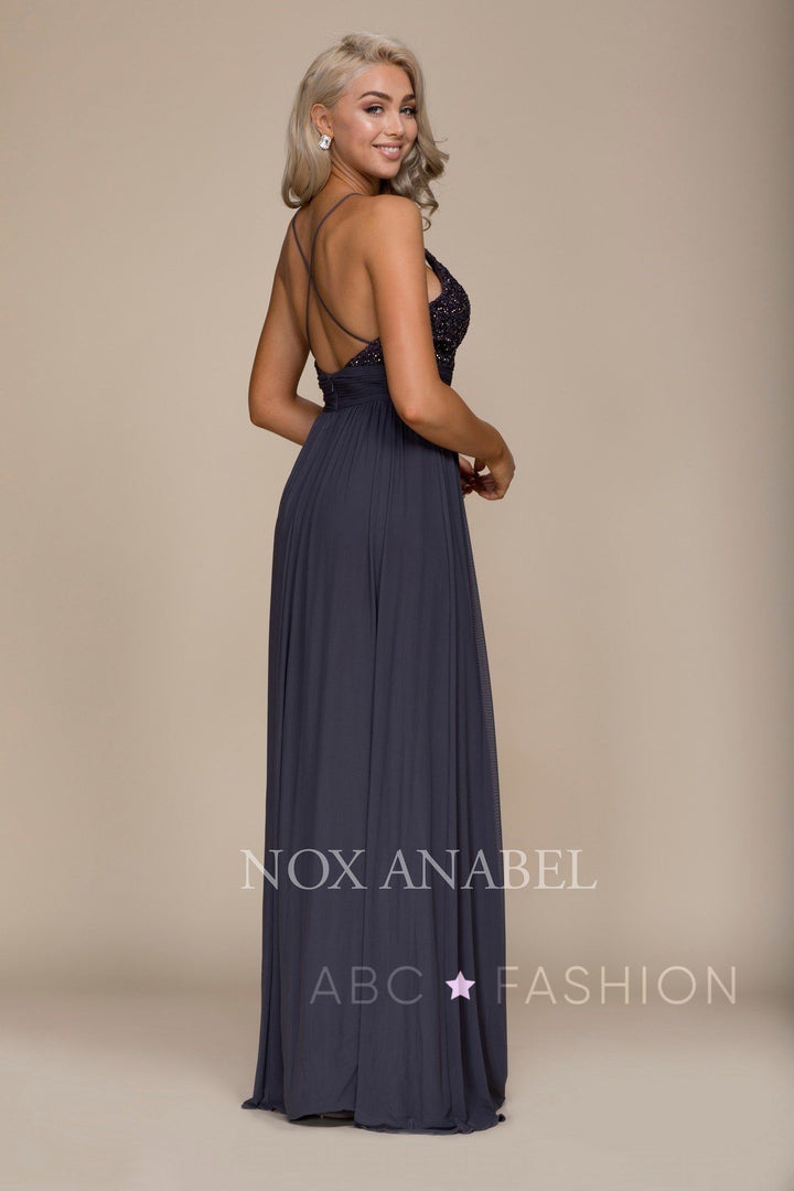 Long Empire Waist Dress with Appliqued Top by Nox Anabel A070-Long Formal Dresses-ABC Fashion