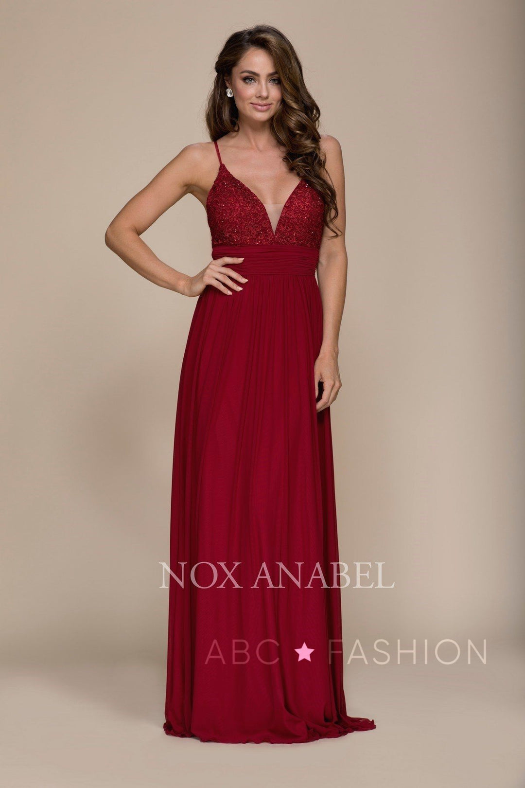 Long Empire Waist Dress with Appliqued Top by Nox Anabel A070-Long Formal Dresses-ABC Fashion