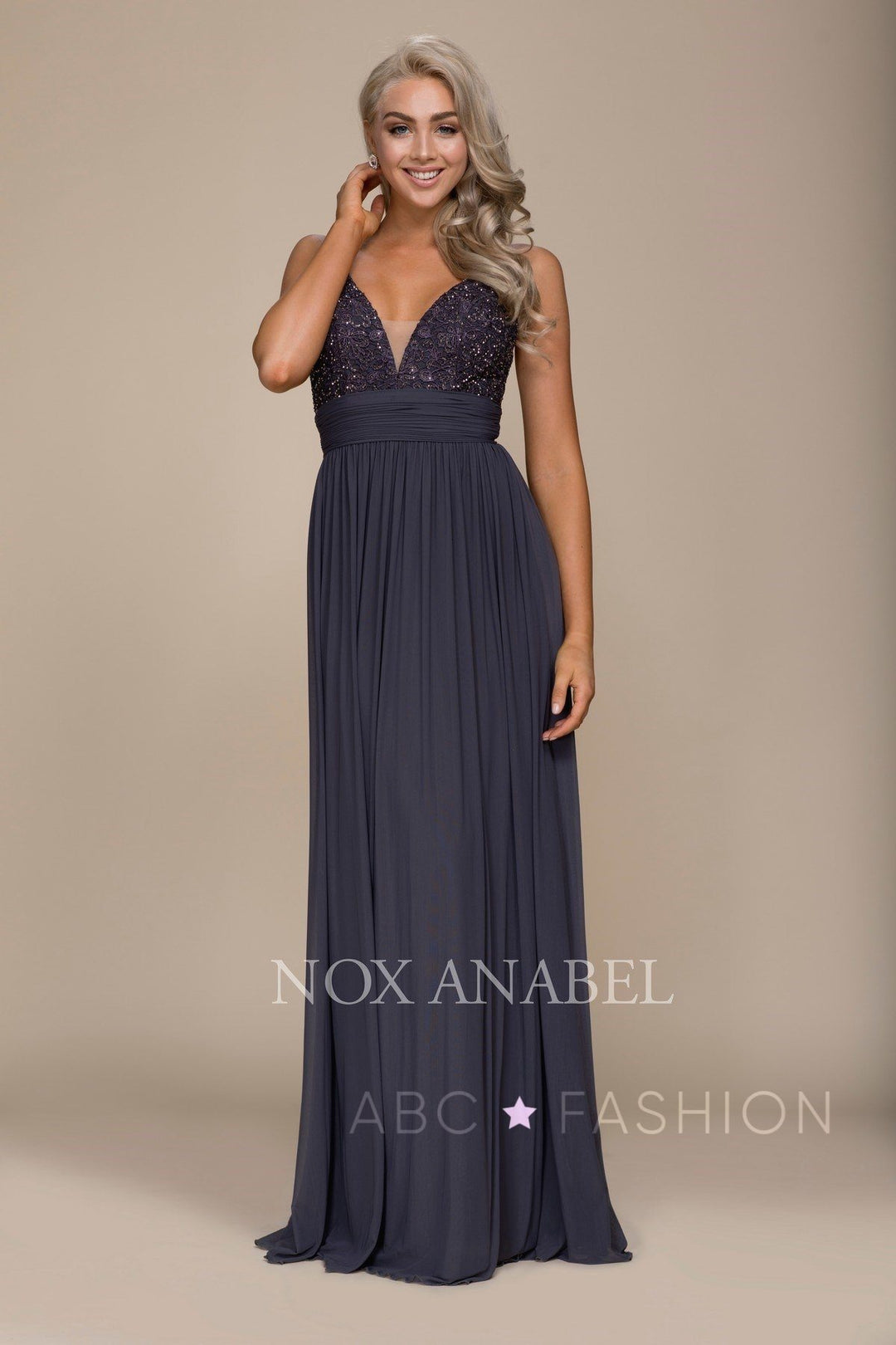 Long Empire Waist Dress with Appliqued Top by Nox Anabel A070-Long Formal Dresses-ABC Fashion