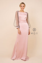 Long Fitted Dress with Beaded Puff Sleeves by Nox Anabel Y410