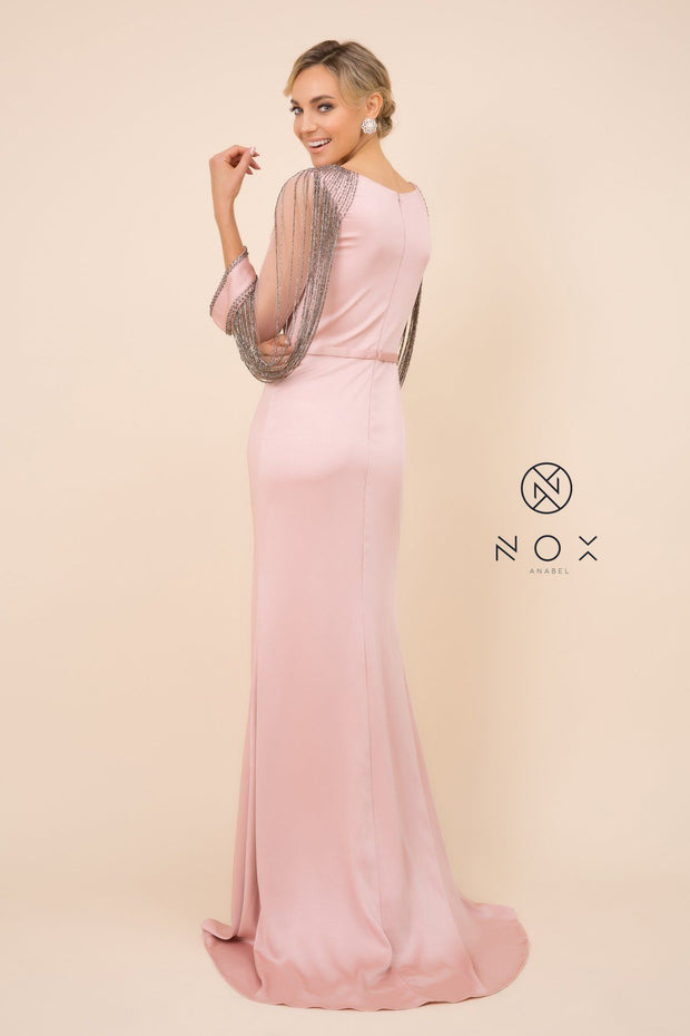 Long Fitted Dress with Beaded Puff Sleeves by Nox Anabel Y410