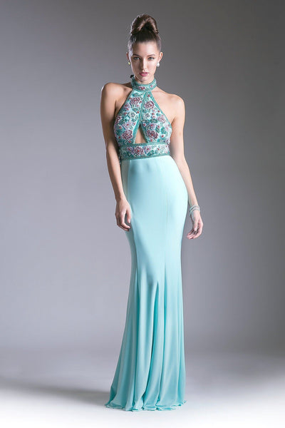 Long Fitted Halter Dress with Beaded Bodice by Cinderella Divine CR770-Long Formal Dresses-ABC Fashion