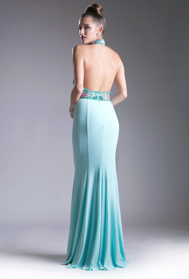 Long Fitted Halter Dress with Beaded Bodice by Cinderella Divine CR770-Long Formal Dresses-ABC Fashion