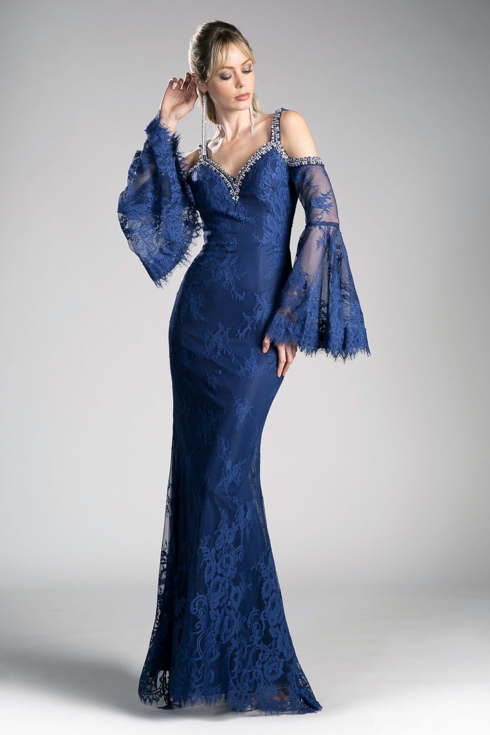 Long Fitted Lace Dress with Bell Sleeves by Cinderella Divine 13112 ABC Fashion Long Fitted Lace Dress with Bell Sleeves by Cinderella Divine 13112 ABC Fashion