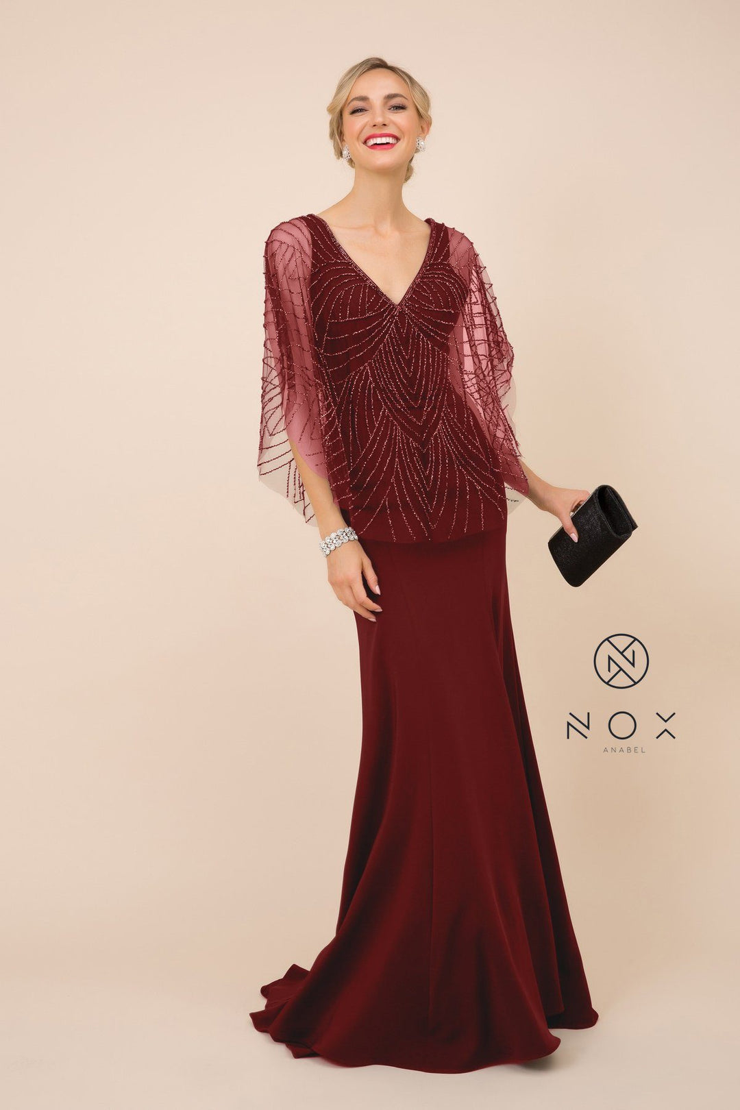 Long Fitted V-Neck Dress with Beaded Cape by Nox Anabel Y531