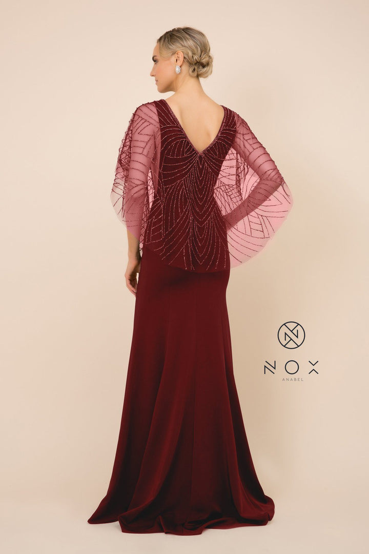 Long Fitted V-Neck Dress with Beaded Cape by Nox Anabel Y531
