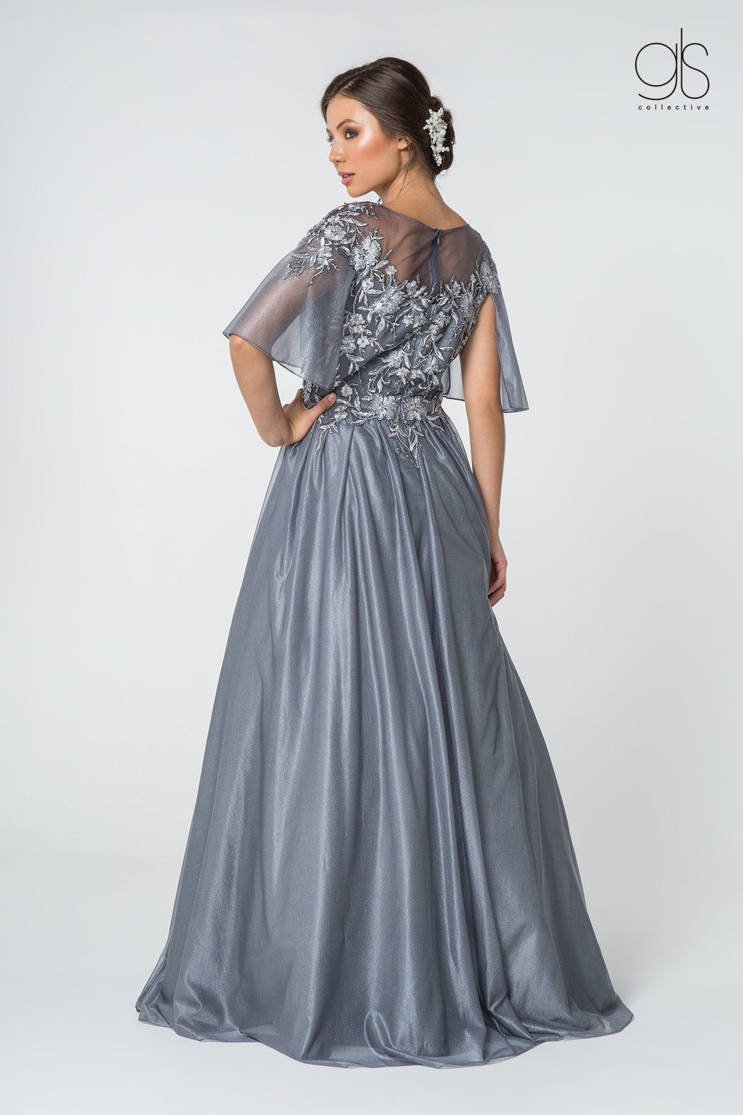 Long Floral Applique Dress with Flutter Sleeves by Elizabeth K GL2830-Long Formal Dresses-ABC Fashion