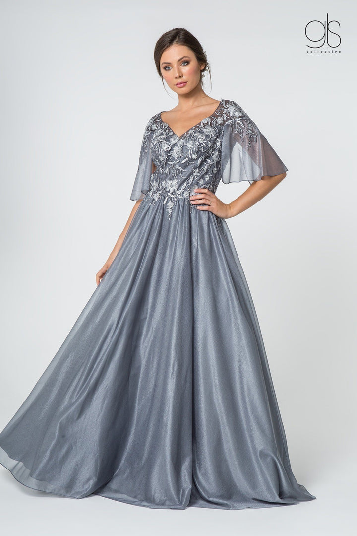 Long Floral Applique Dress with Flutter Sleeves by Elizabeth K GL2830-Long Formal Dresses-ABC Fashion