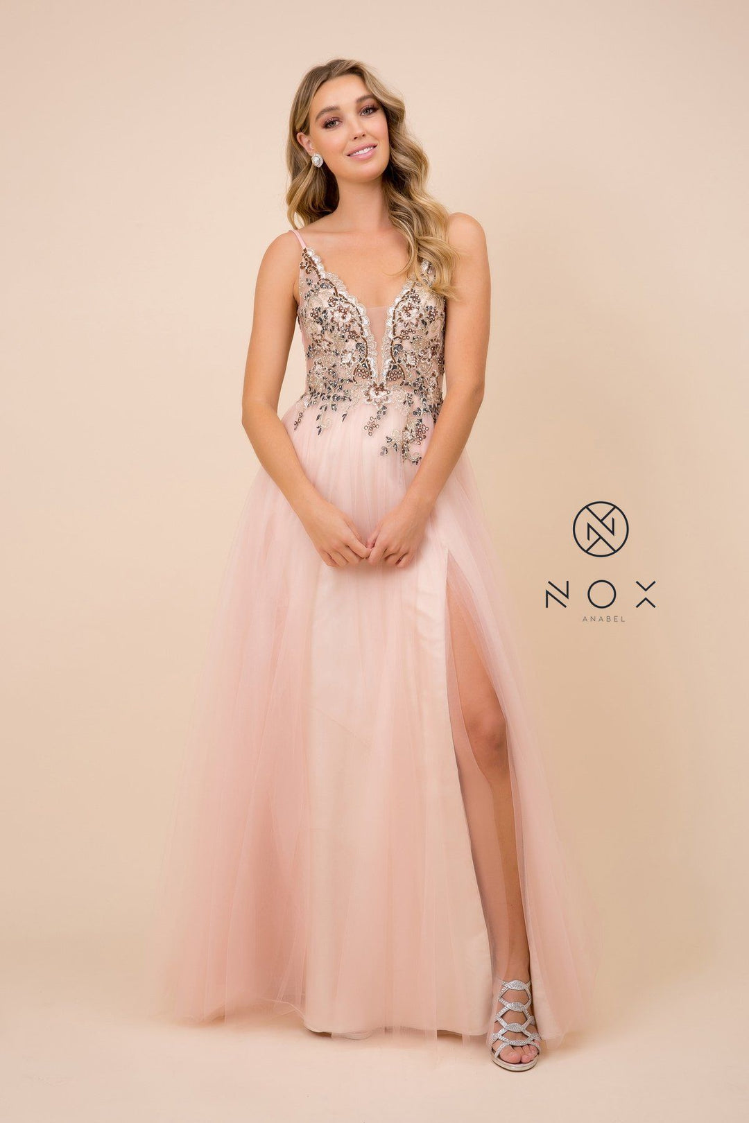 Long Floral Applique V-Neck Dress by Nox Anabel G382