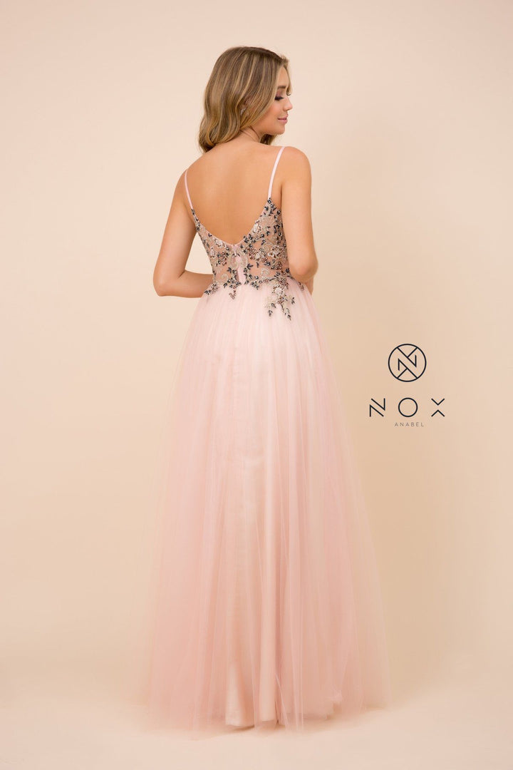 Long Floral Applique V-Neck Dress by Nox Anabel G382