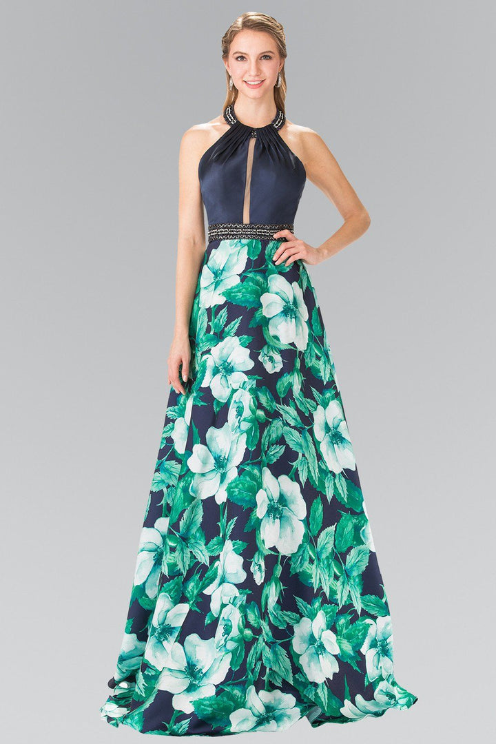 Long Floral Print Halter Dress by Elizabeth K GL2302-Long Formal Dresses-ABC Fashion