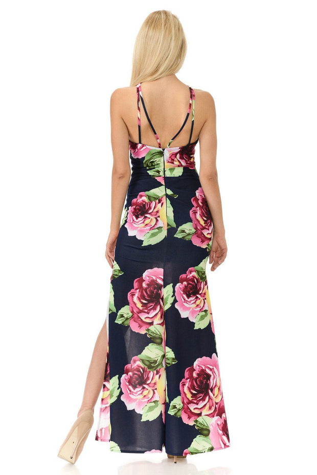 Long Floral Print Maxi Dress with Slit by Lenovia 5181-Long Formal Dresses-ABC Fashion