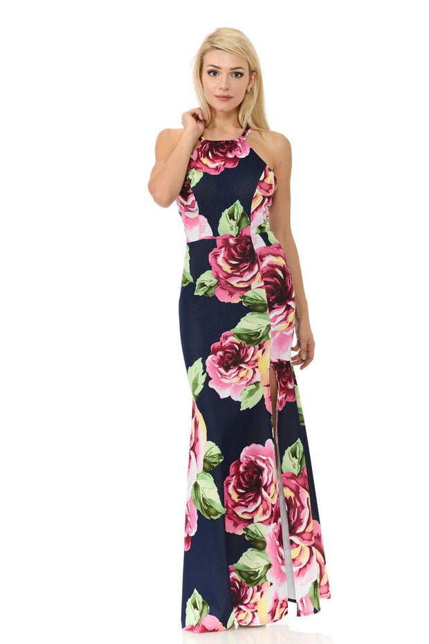 Long Floral Print Maxi Dress with Slit by Lenovia 5181-Long Formal Dresses-ABC Fashion