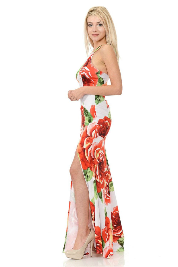 Long Floral Print Maxi Dress with Slit by Lenovia 5181-Long Formal Dresses-ABC Fashion