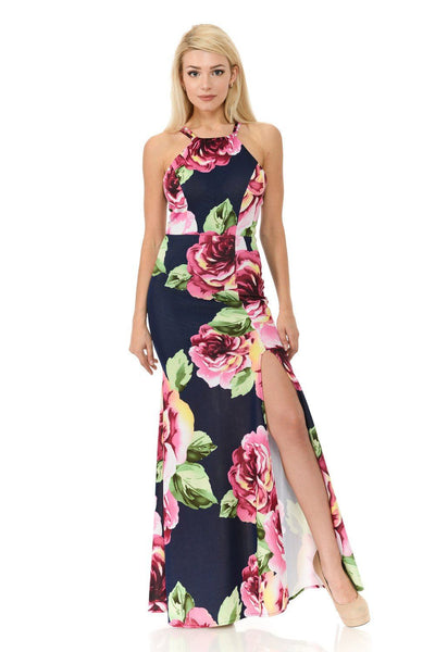 Long Floral Print Maxi Dress with Slit by Lenovia 5181-Long Formal Dresses-ABC Fashion