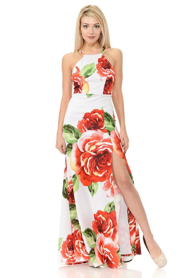 Long Floral Print Maxi Dress with Slit by Lenovia 5181-Long Formal Dresses-ABC Fashion