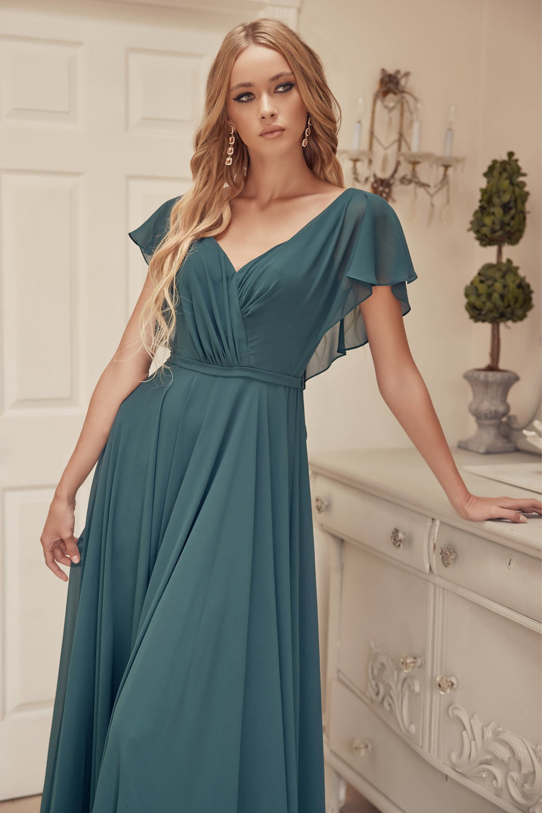 Long Flutter Sleeve Chiffon Dress by Juliet 261