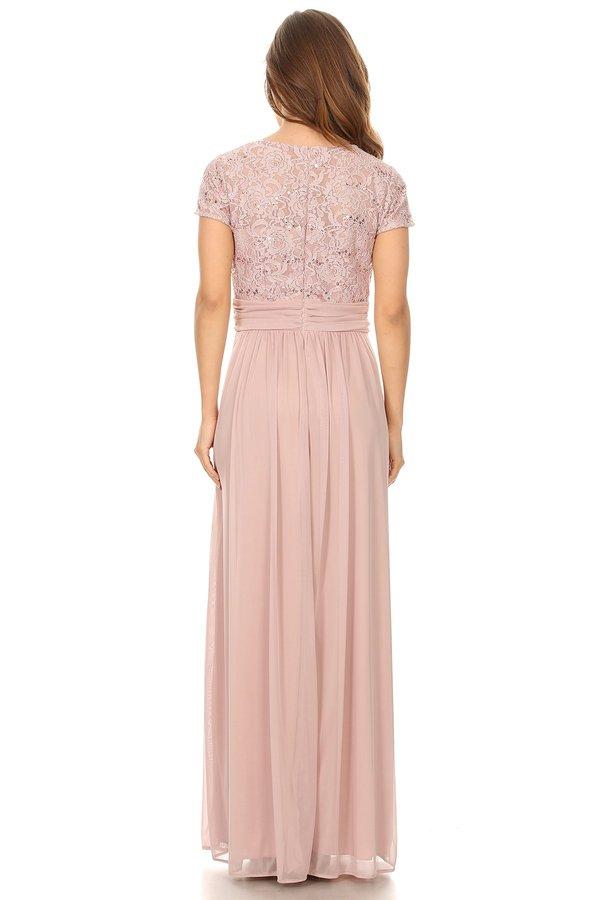Long Formal Dress with Short-Sleeved Lace Bodice by Celavie 6371-Long Formal Dresses-ABC Fashion