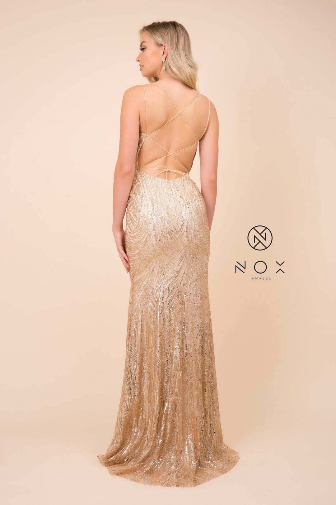 Long Glitter Dress with Corset Back by Nox Anabel T316