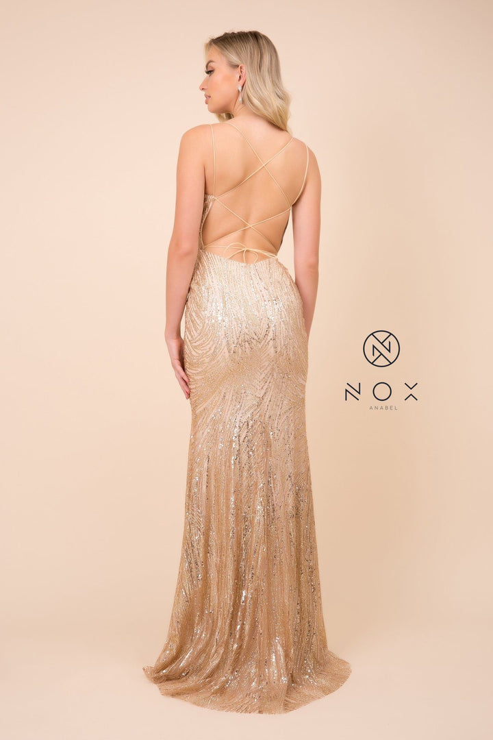 Long Glitter Dress with Corset Back by Nox Anabel T316