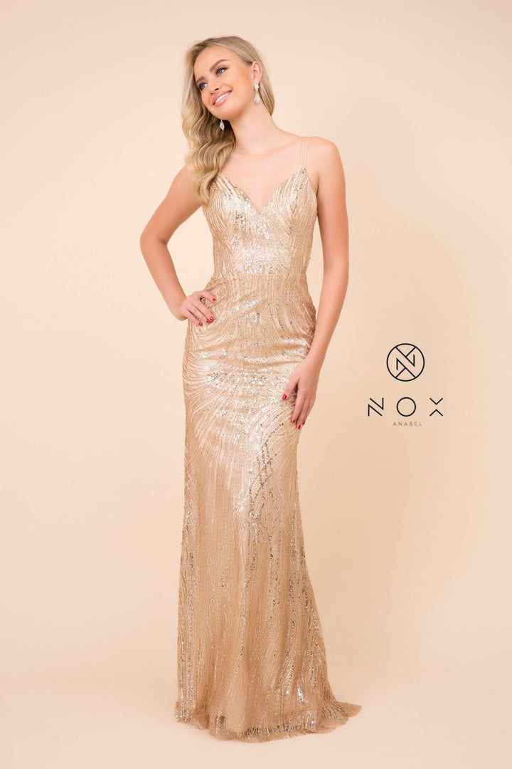 Long Glitter Dress with Corset Back by Nox Anabel T316