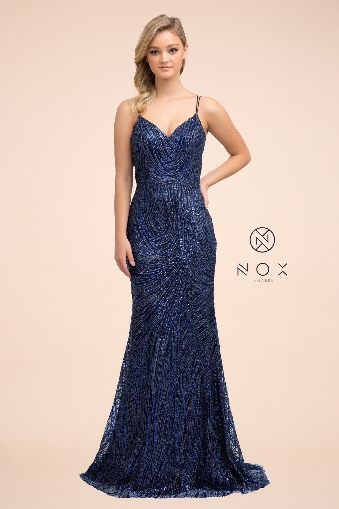 Long Glitter Dress with Corset Back by Nox Anabel T316
