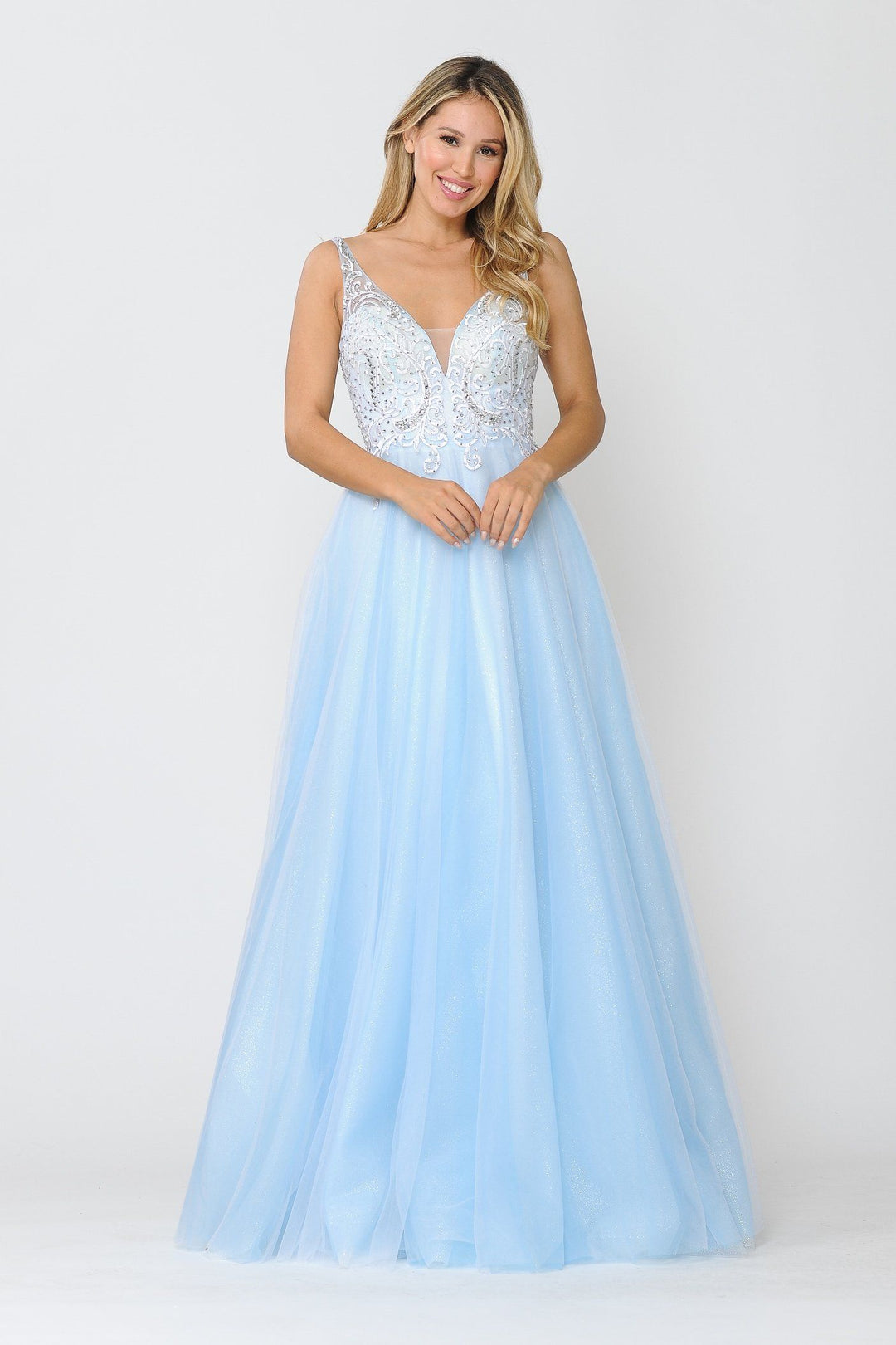 Long Glitter Dress with Embroidered Bodice by Poly USA 8354