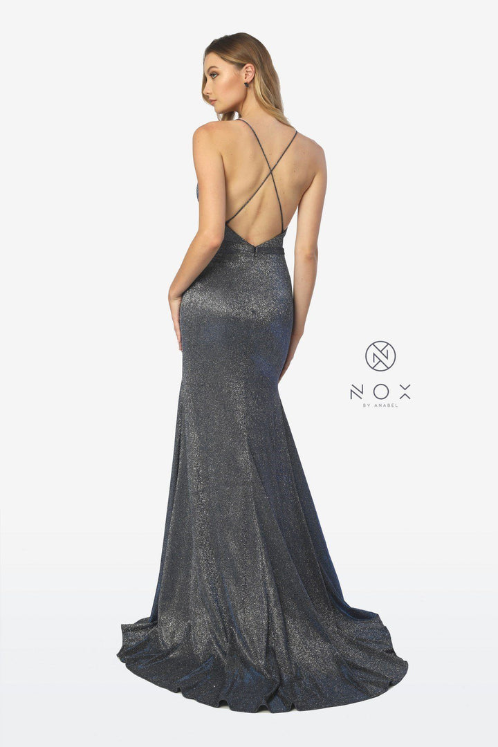 Long Glitter Jersey V-Neck Dress with Leg Slit by Nox Anabel C238-Long Formal Dresses-ABC Fashion