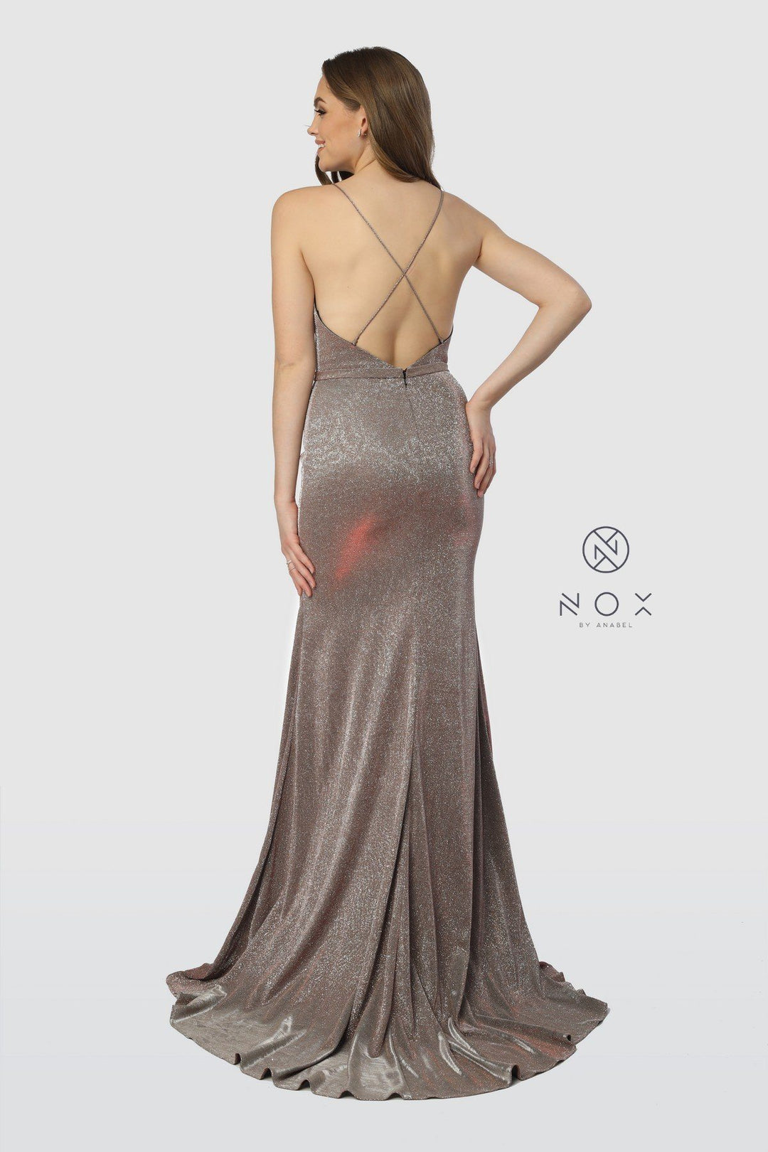 Long Glitter Jersey V-Neck Dress with Leg Slit by Nox Anabel C238-Long Formal Dresses-ABC Fashion