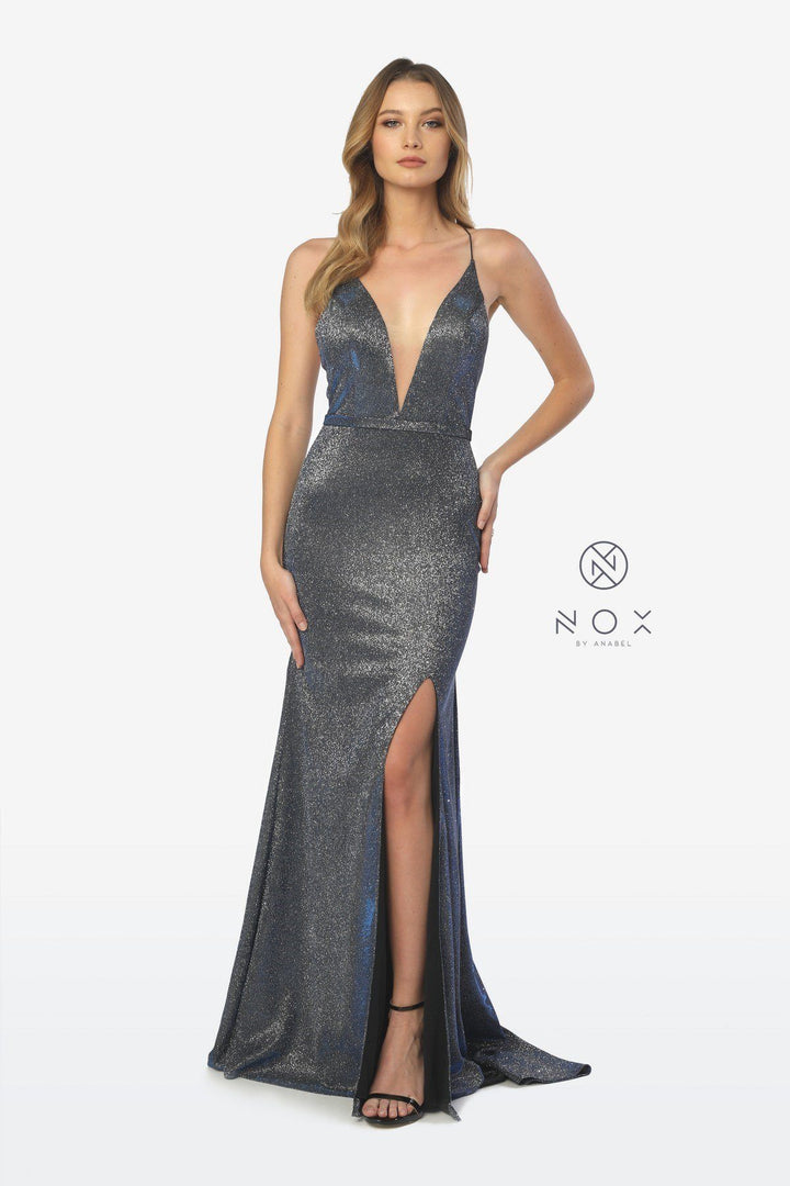 Long Glitter Jersey V-Neck Dress with Leg Slit by Nox Anabel C238-Long Formal Dresses-ABC Fashion