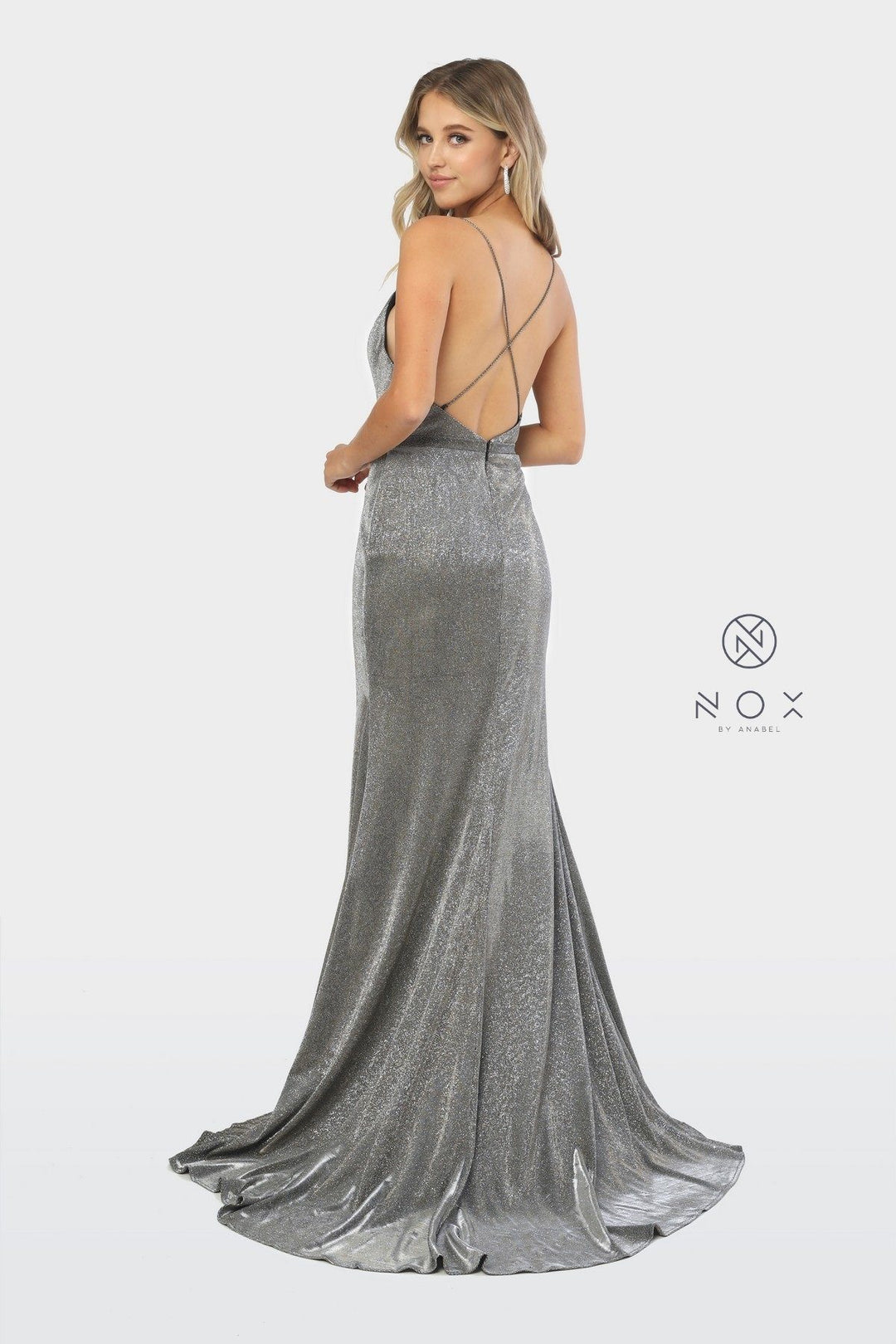 Long Glitter Jersey V-Neck Dress with Leg Slit by Nox Anabel C238-Long Formal Dresses-ABC Fashion