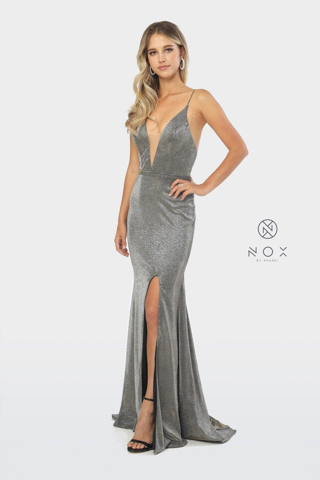 Long Glitter Jersey V-Neck Dress with Leg Slit by Nox Anabel C238-Long Formal Dresses-ABC Fashion