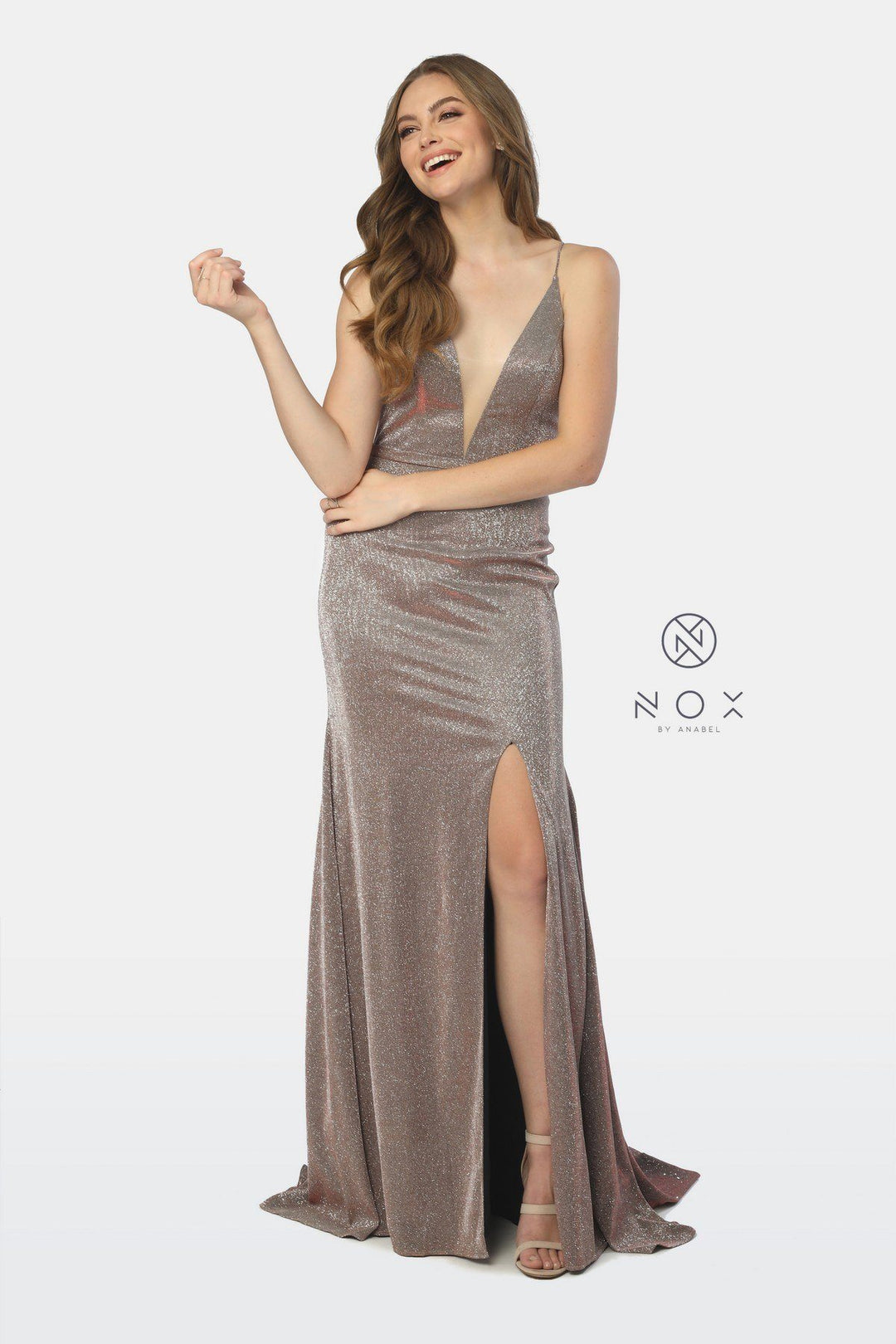 Long Glitter Jersey V-Neck Dress with Leg Slit by Nox Anabel C238-Long Formal Dresses-ABC Fashion
