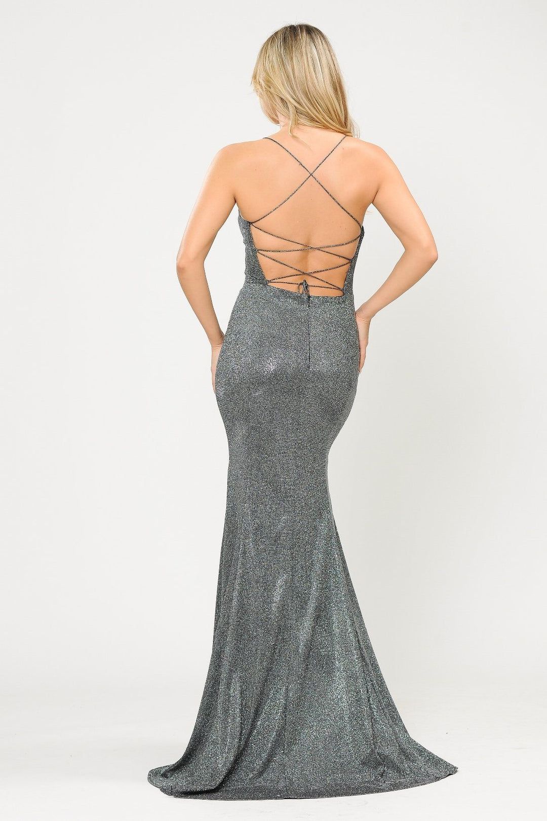 Long Glitter Mermaid Dress with Open Back by Poly USA 8666