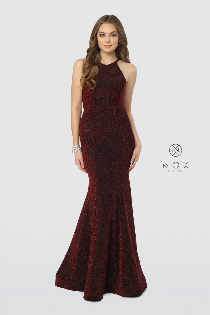Long Glitter Mermaid Dress with Strappy Back by Nox Anabel C208-Long Formal Dresses-ABC Fashion