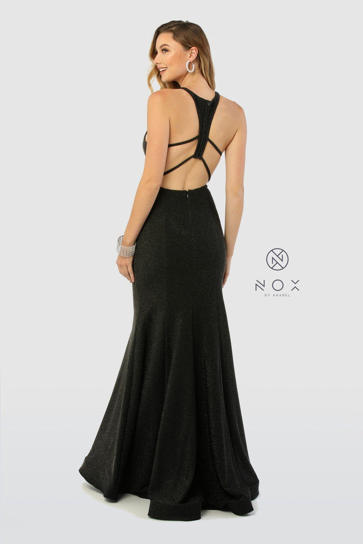 Long Glitter Mermaid Dress with Strappy Back by Nox Anabel C208-Long Formal Dresses-ABC Fashion