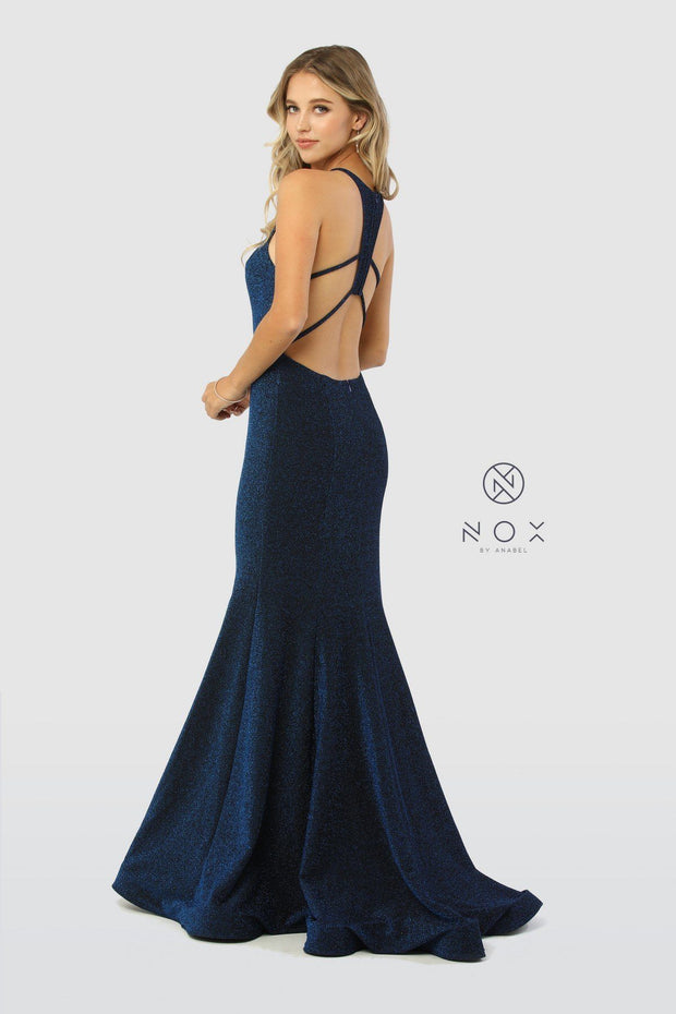 Long Glitter Mermaid Dress with Strappy Back by Nox Anabel C208-Long Formal Dresses-ABC Fashion